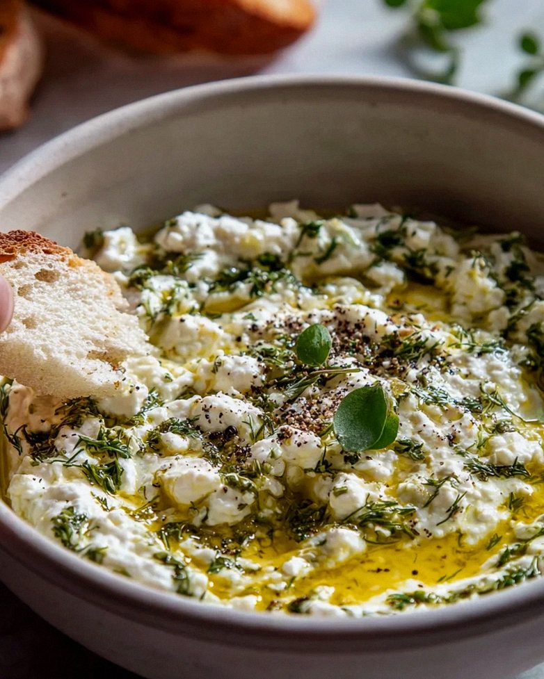 Einfaches Kräuter-Feta-Dip-Rezept mit Olivenöl genießen!