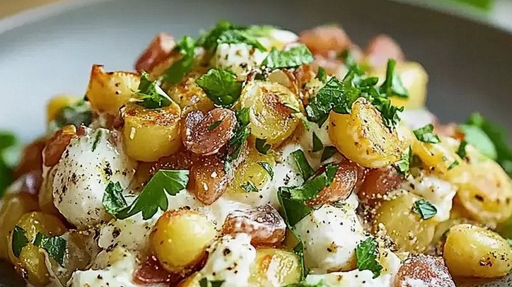 Kartoffelsalat kross mit knuspriger Kruste und frischem Aroma