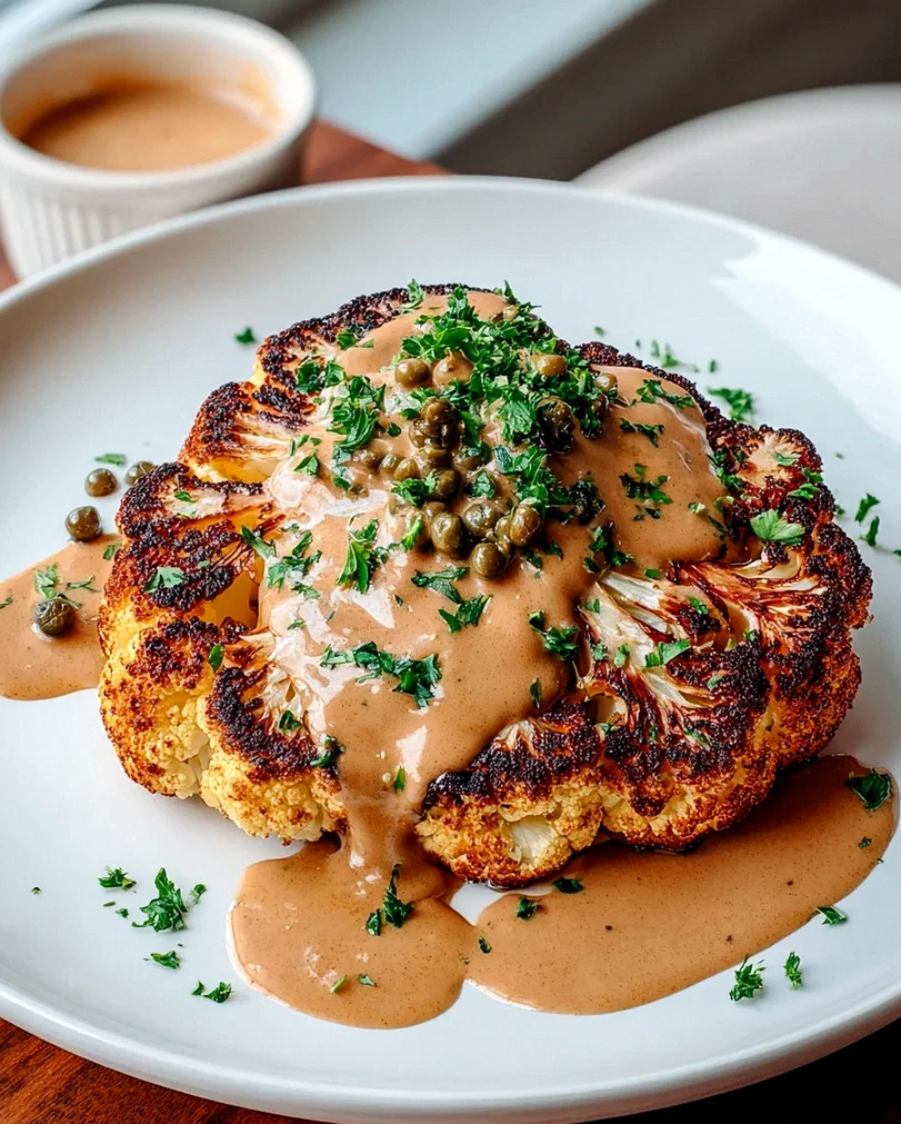 Leckeres Blumenkohlsteak mit pikanter Pfefferrahmsauce