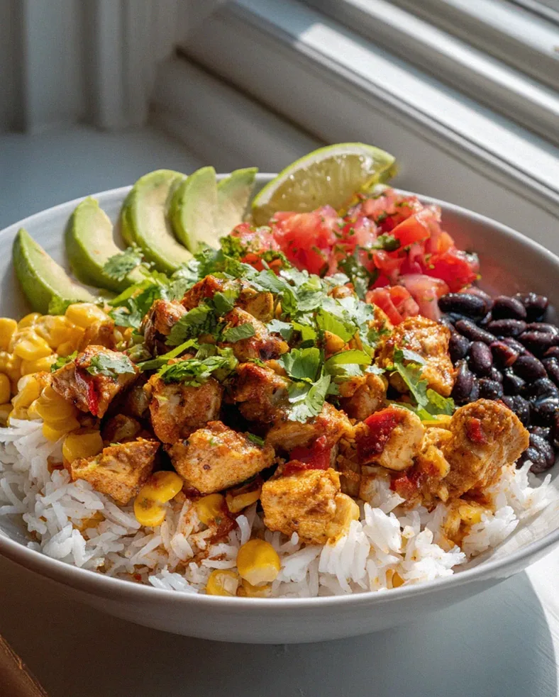 Mexican Corn Chicken Rice Bowl mit schwarzen Bohnen