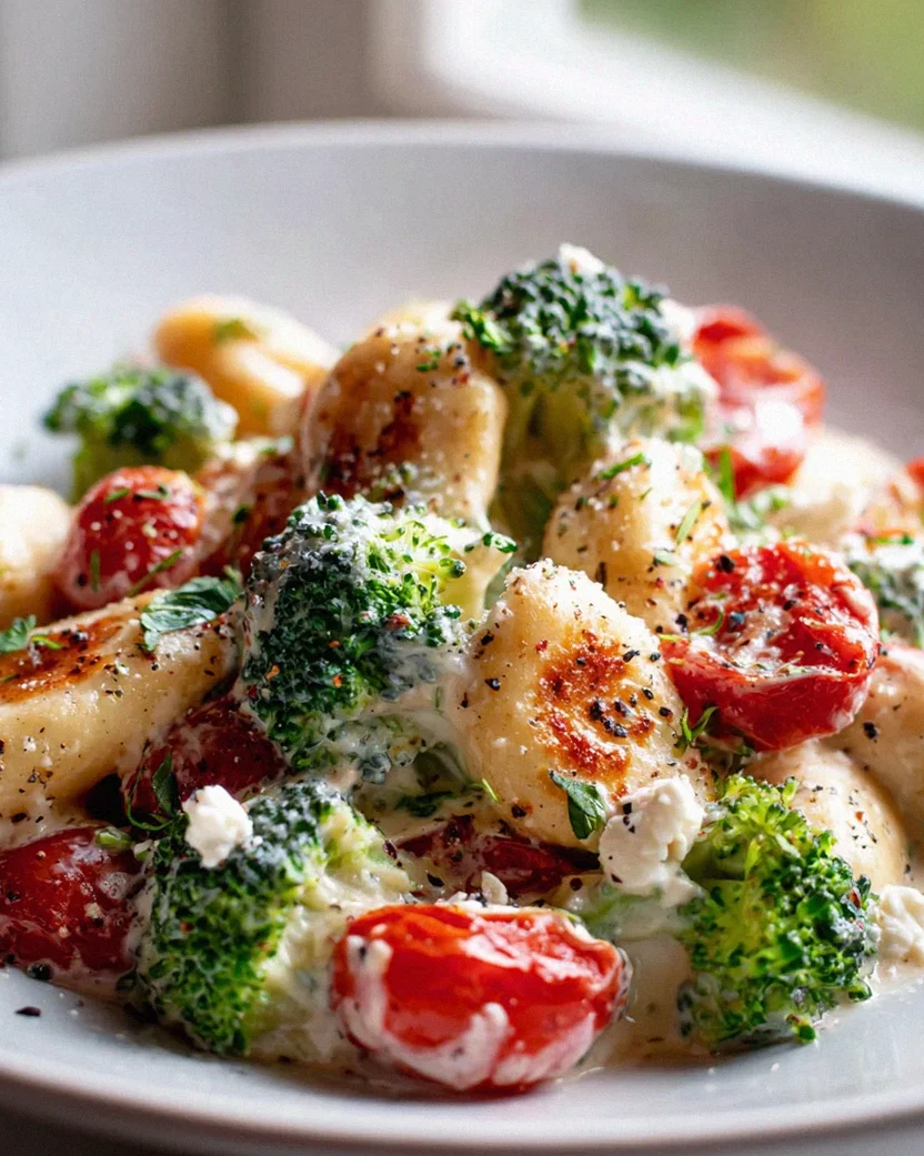One Pan Brokkoli Schupfnudeln mit Hirtenkäse und Tomaten