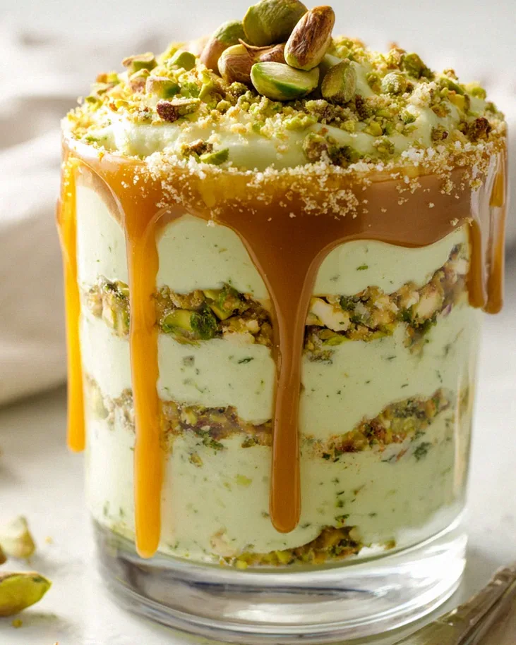 Pistazien Cheesecake Parfait: Karamell Traum im Glas