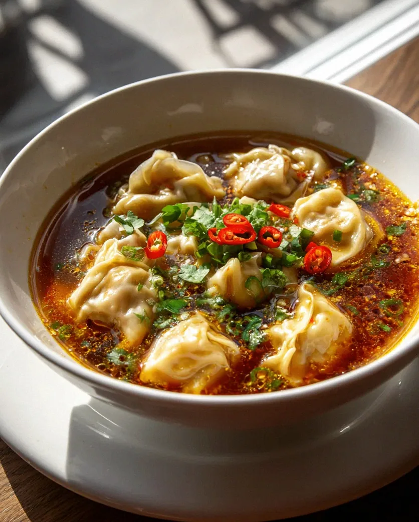 Scharfe Sichuan Wonton Suppe mit feuriger Chili-Knoblauch-Sauce